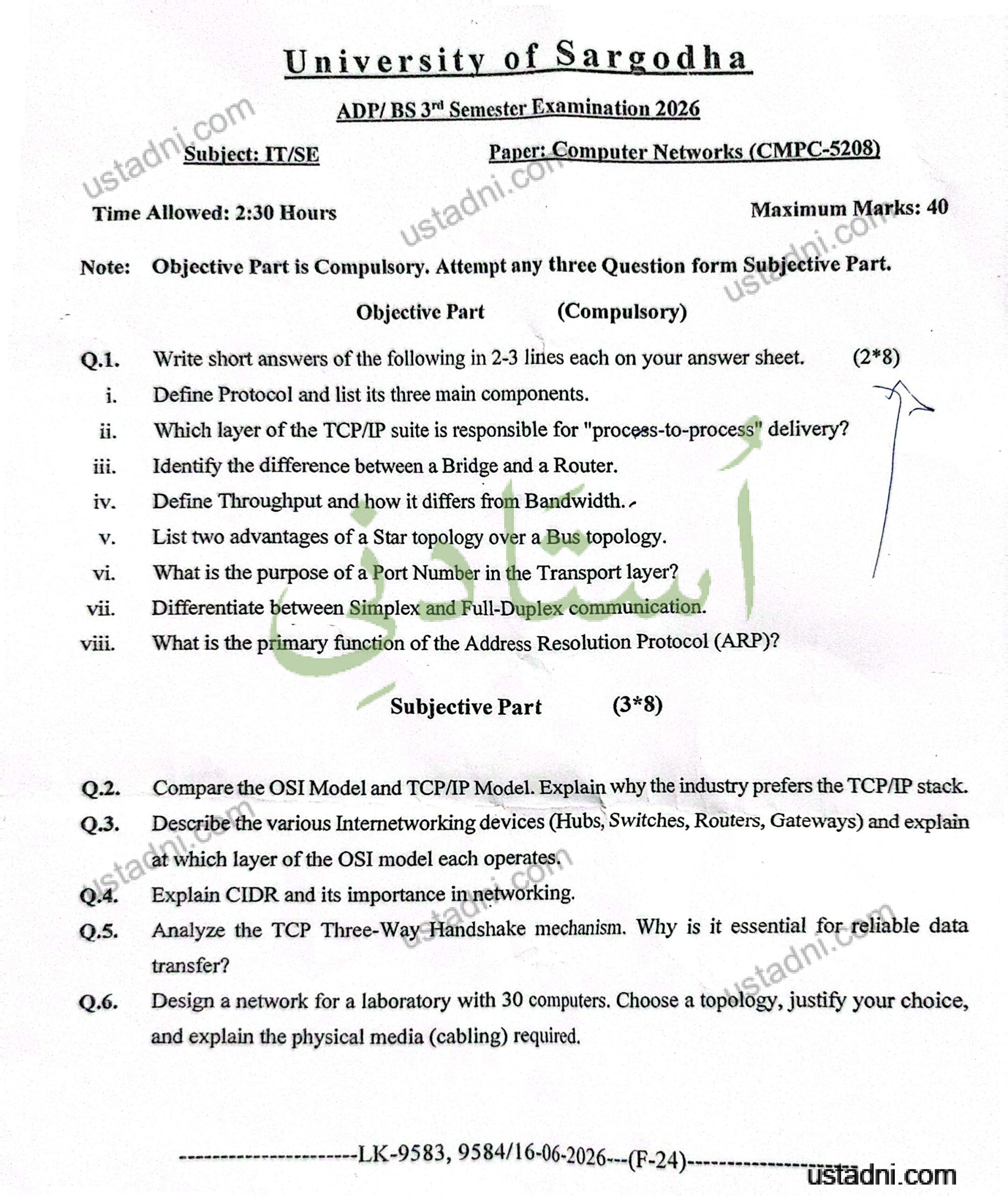 Computer Network ADP/BS 3 Semester/Term University Of Sargodha (UOS) 2026