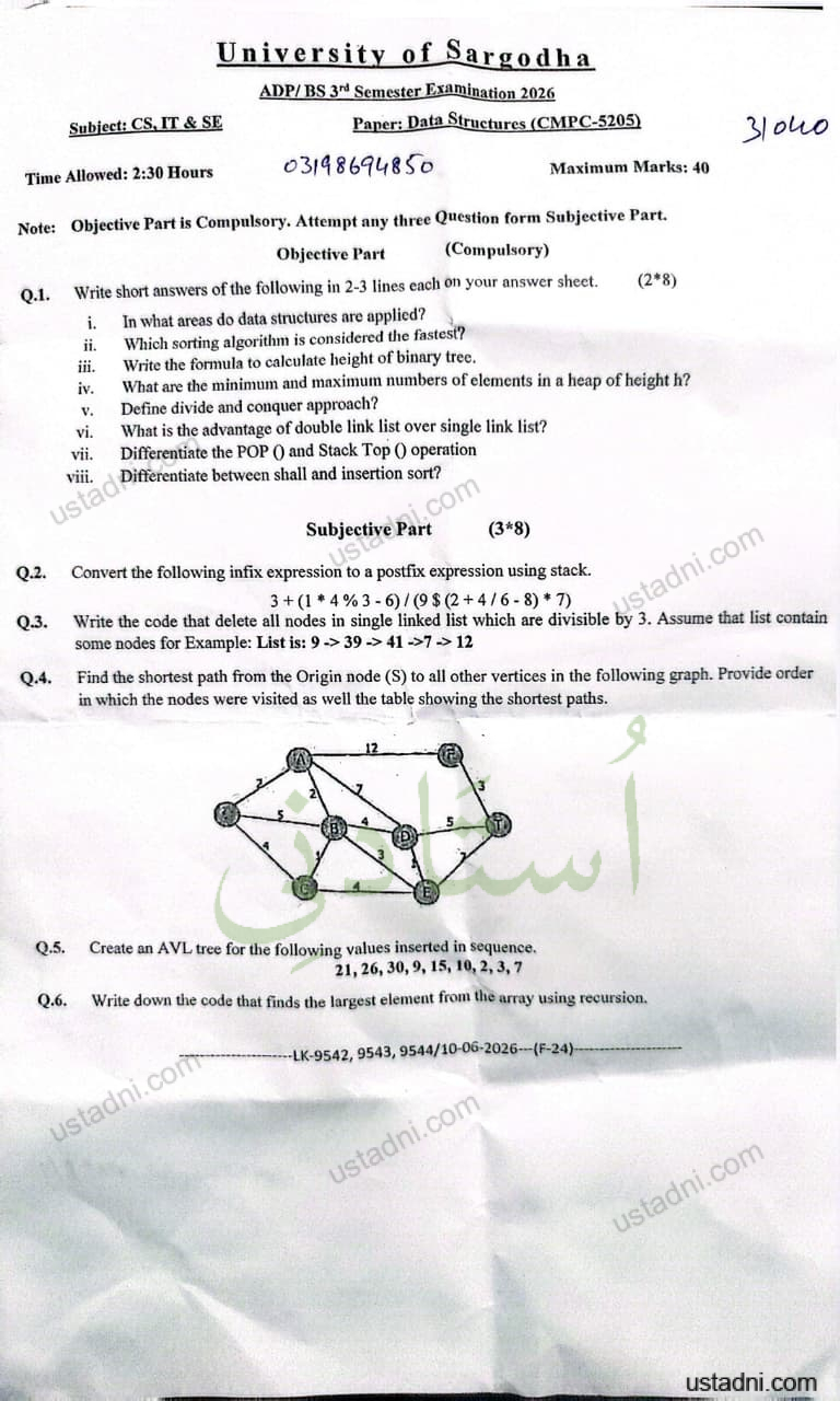 Subject: CS, IT & SP Time Allowed: 2:30 Hours University of Sargodha ADP/ BS 3N Semester Examination 2026