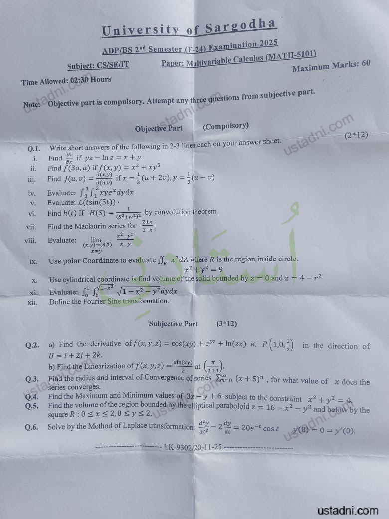 University of Sargodha ADP/BS 2"d Semester (T-24) Examination 2025 Subject: CS/SE/IT Paper: Multivariable Calculus (MATH-5101)
