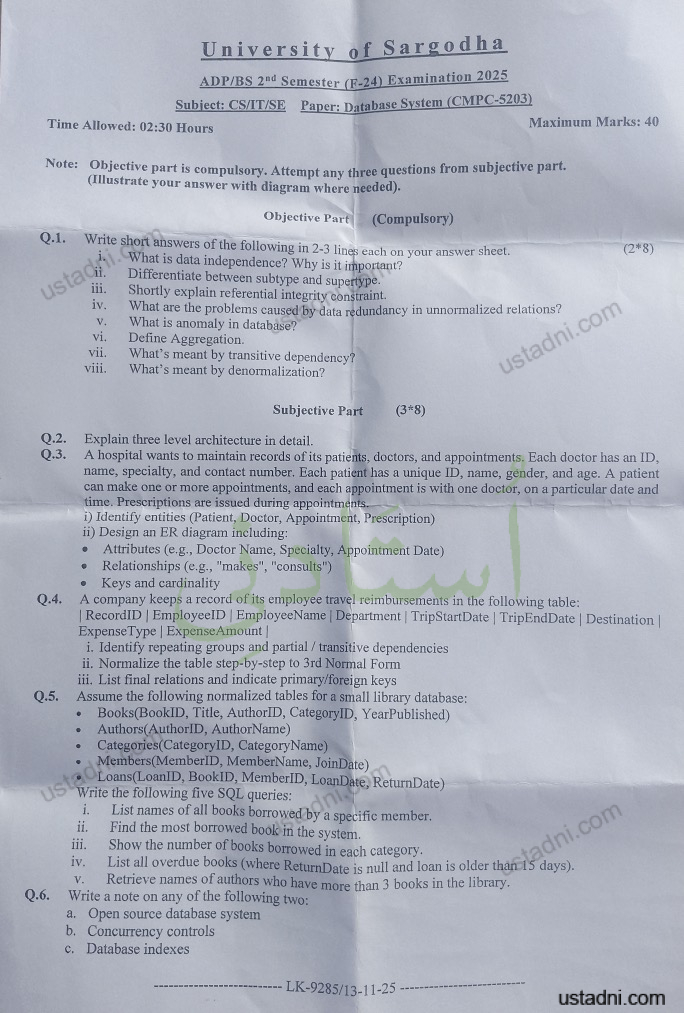 University of Sargodha ADP/BS 2nd Semester (F-24) Examination 2025 Subiect: CS/IT/SE Paper: Database System (CMPC-5203) Time Allowed: 02:30 Hours