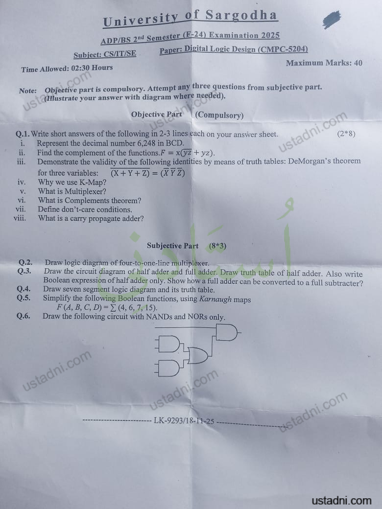 University of Sargodha ADP/BS 2nd Semester (F-24) Examination 2025 Subject: CS/IT/SE Paper: Digital Logic Design (CMPC-5204)