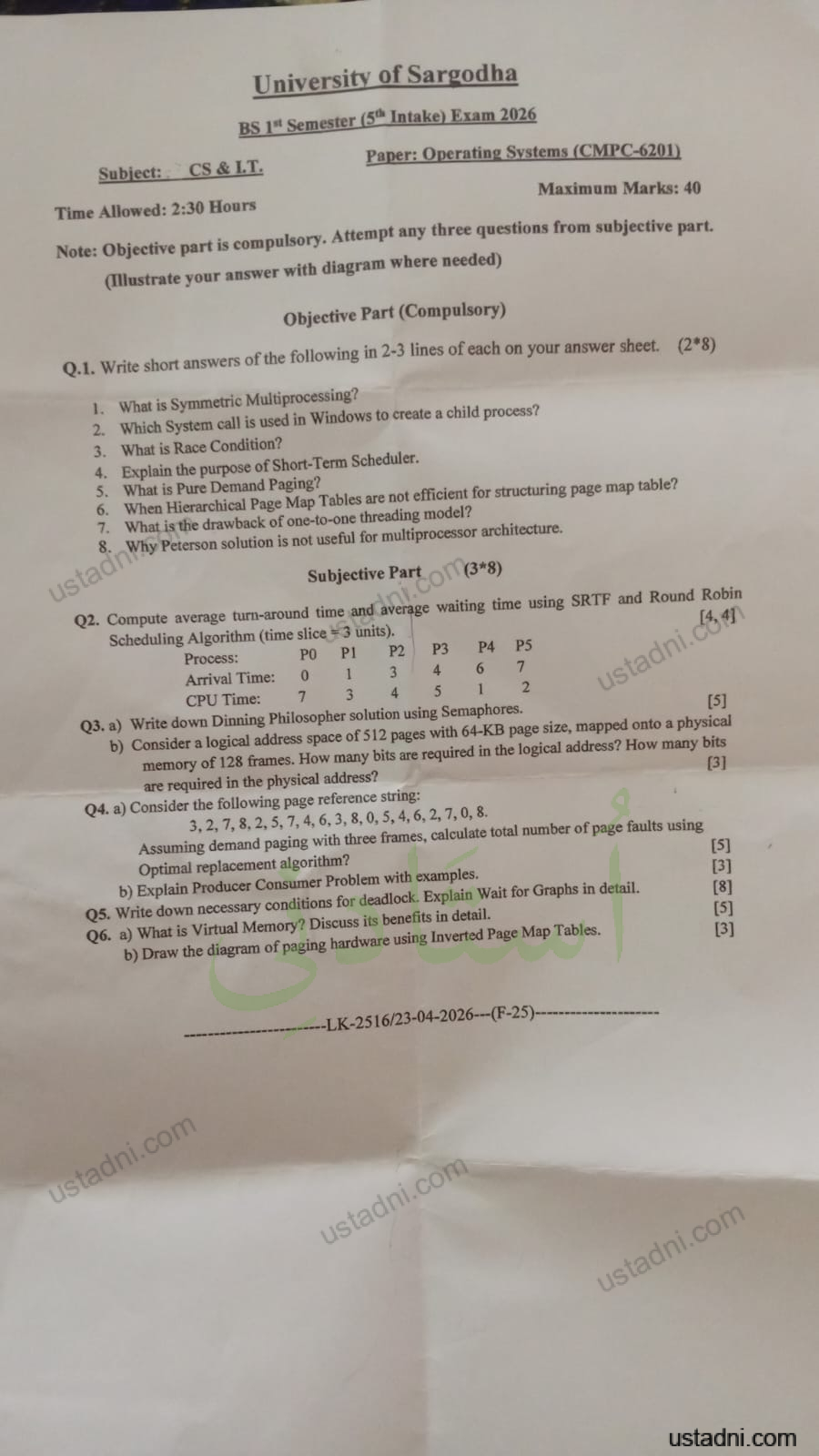 University of Sargodha BS 1" Semester (5* Intake) Exam 2026 Subject: CS & IT. Paper: Operating Systems (CMPC-6201)
