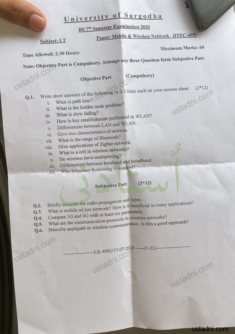 Subject: I.T University of Sargodha BS 7%h Semester Examination 2026 Paper: Mobile & Wireless Network (ITEC-405)