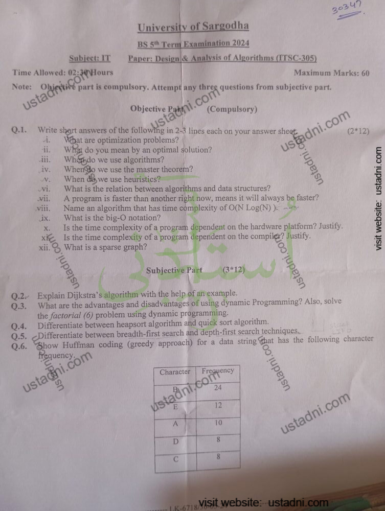 Design and Analysis of Algorithm BS 5 Semester/Term University Of Sargodha (UOS) 2024
