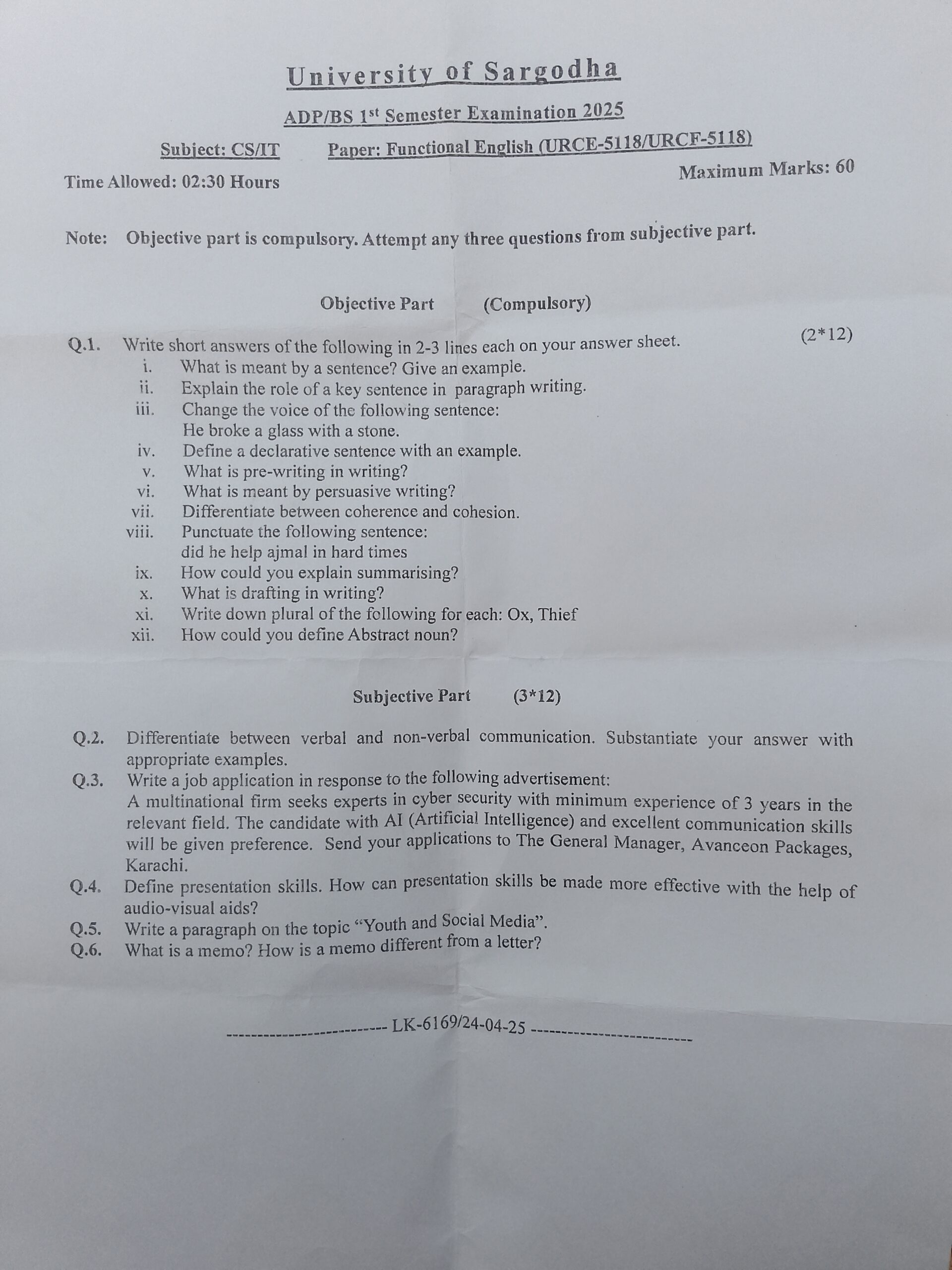 Functional English ADP/BS English University Of Sargodha (UOS) 2025