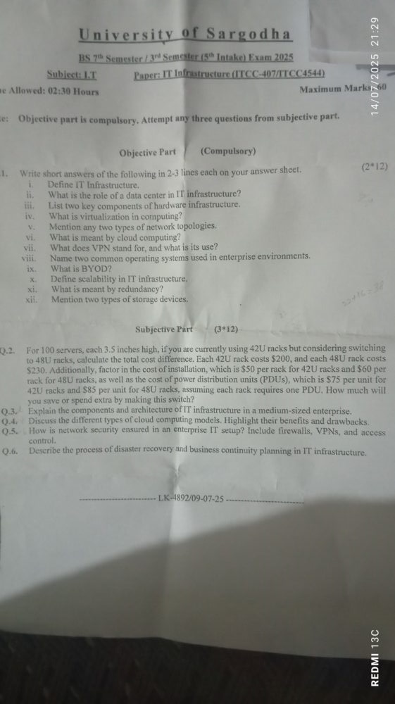 IT Infrastructure BS 3 Semester/Term University Of Sargodha (UOS) 2025