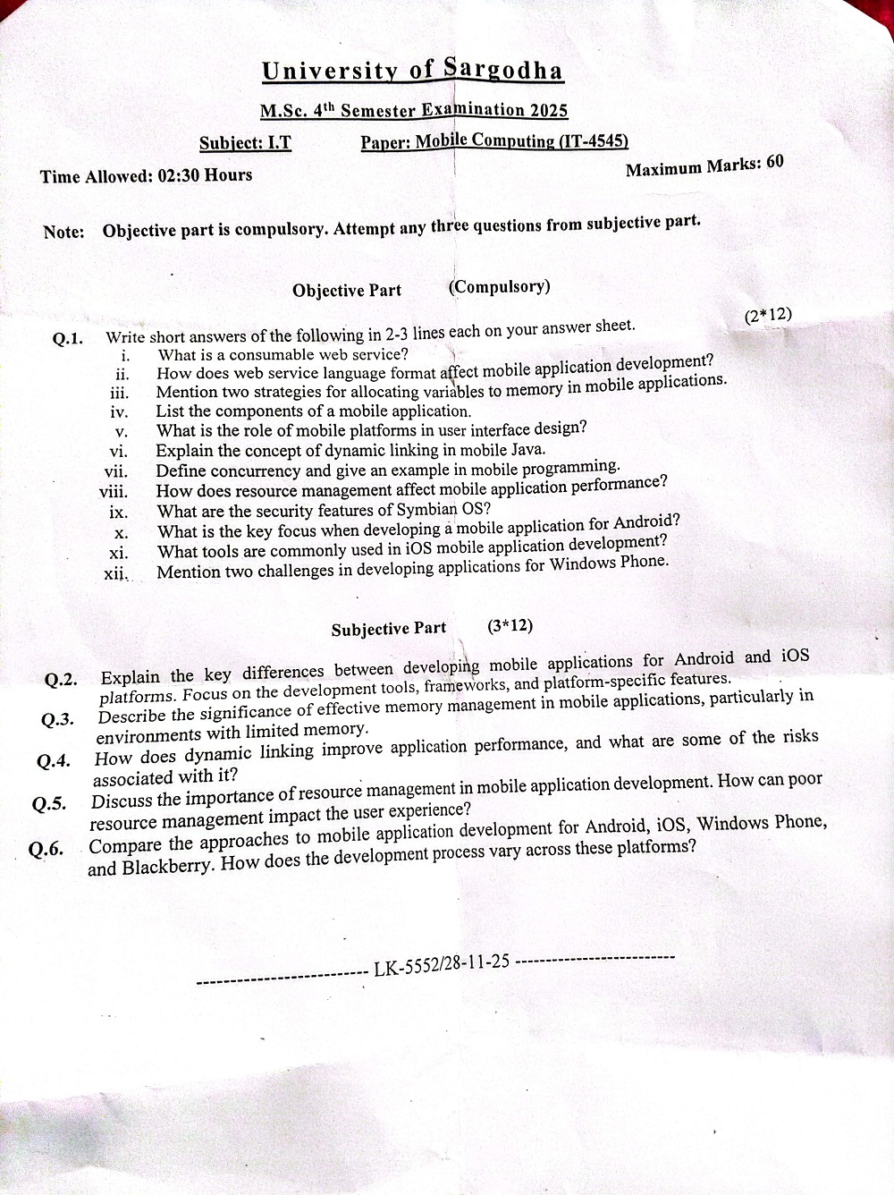 Mobile Computing Msc IT 4 Semester/Term University Of Sargodha (UOS) 2025 — page 1