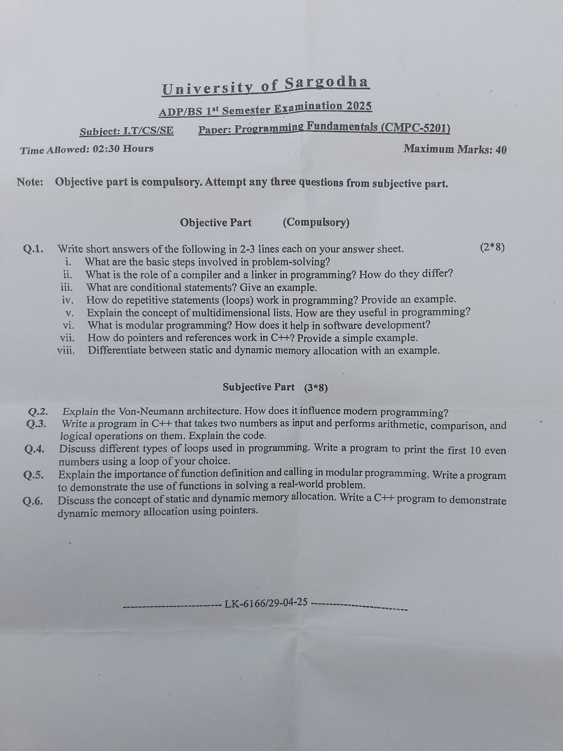 Subject: I.T/CS/SE Time Allowed: 02:30 Hours University of Sargodha ADP/BS 1º Semester Examination 2025
