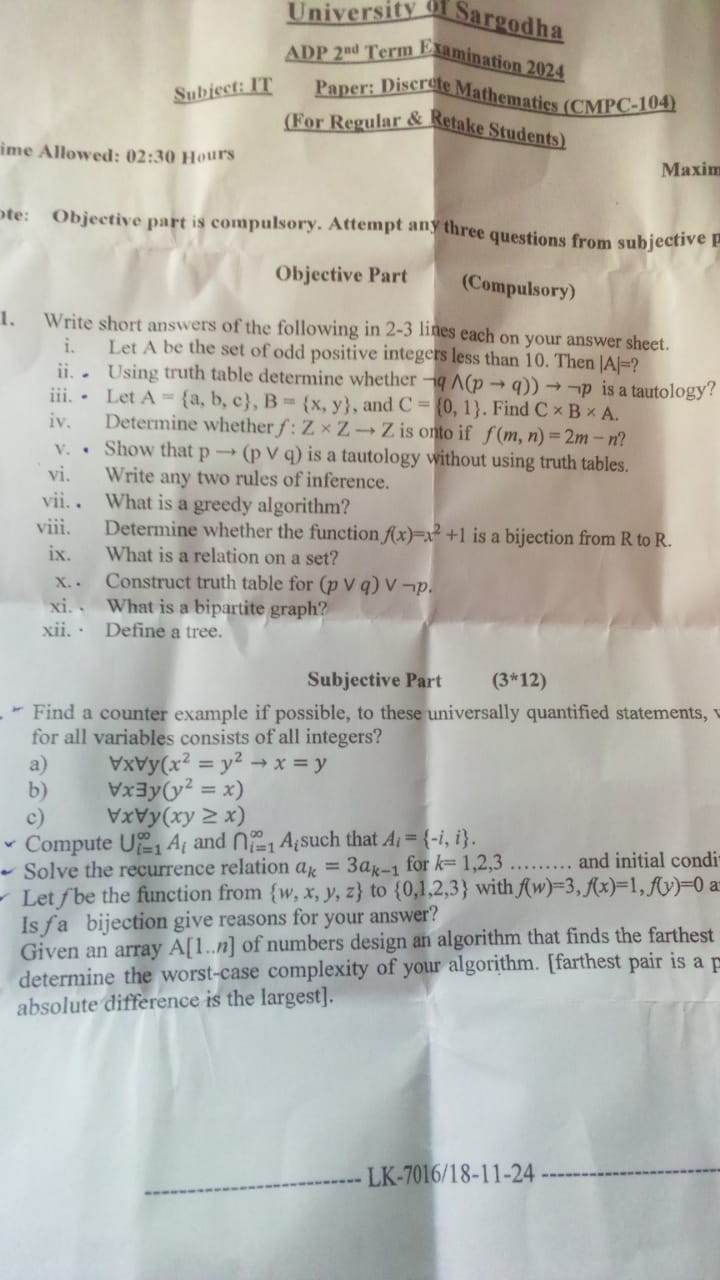 Subject: IT University a Sargodha ADP 2ad Term Examination 2024 Paper: Discrete Mathematics (CMPC-104)