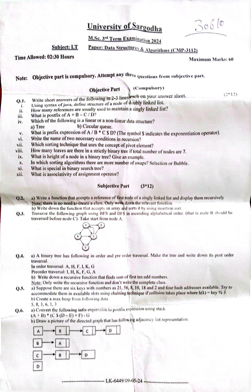 Subject: L.T Time Allowed: 02:30 Hours University of Sargodha M.Sc. 3d Term Examination 2024