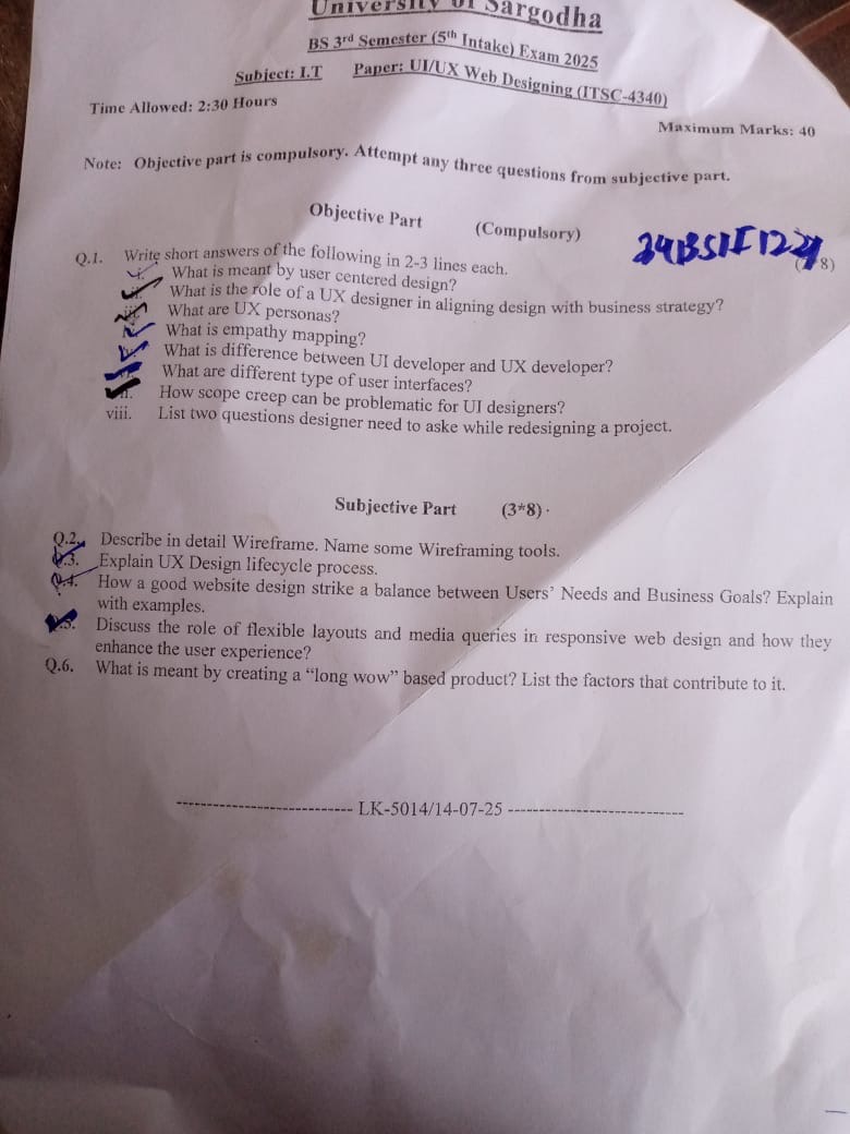 Universee sargodha IS ' Semester (5" Tutake) Exam 20235 Subject: I.T Paper: UI/UX Web Designing (TTSC-4340)