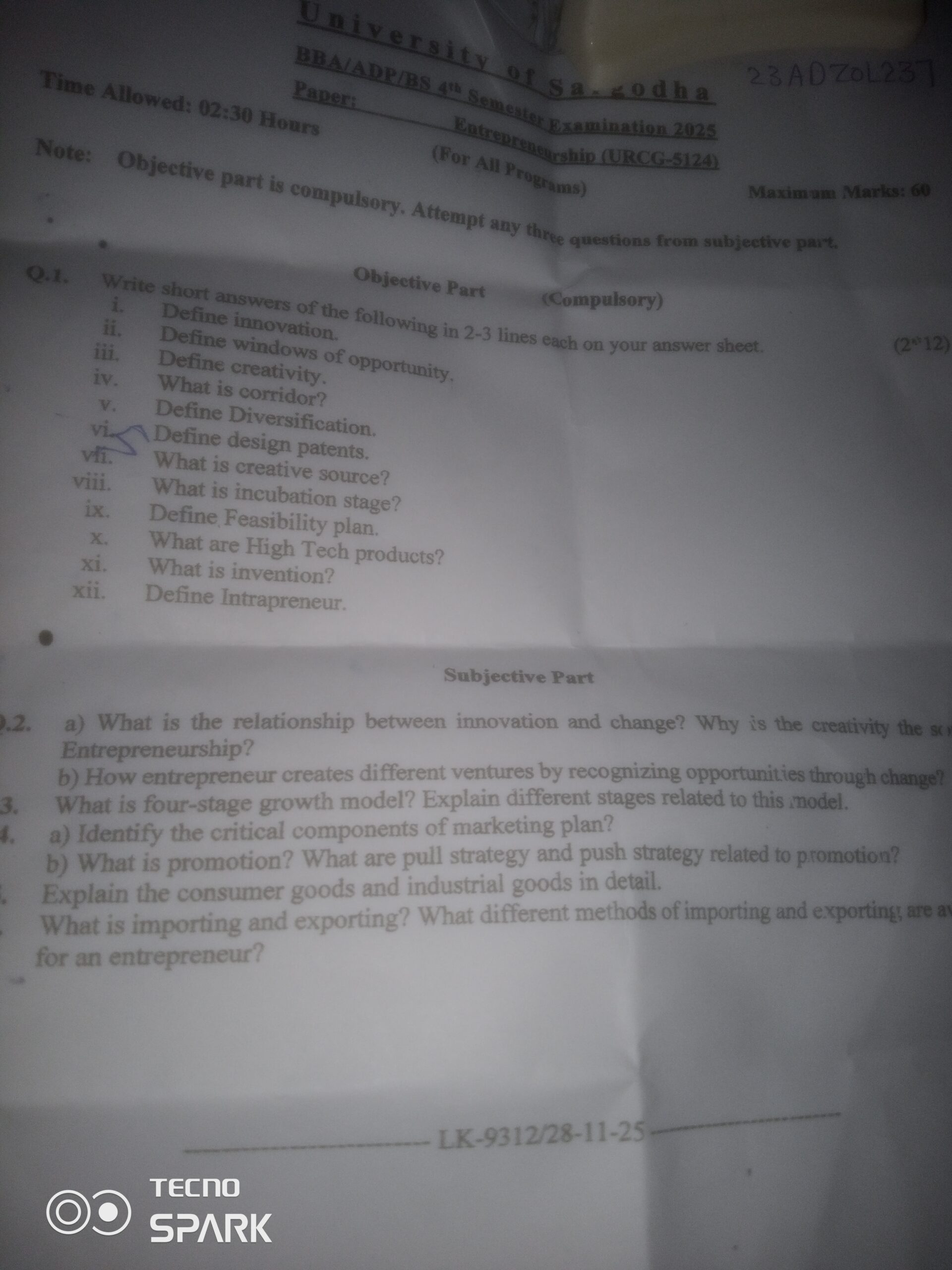 University el sa-codha 23 ADZoL231 BBALADRIBS 4" Sementer E samination 2025 Paper: