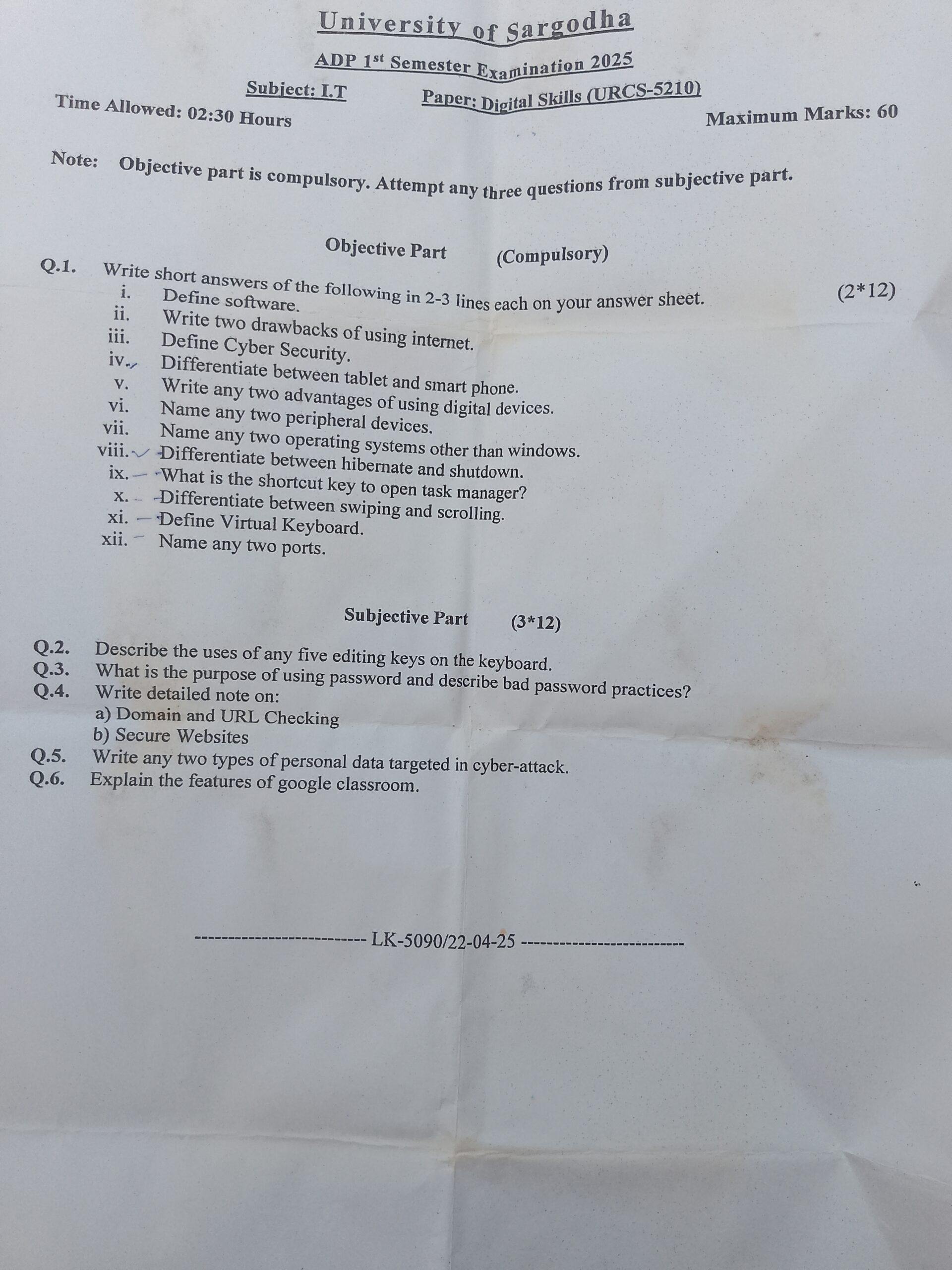 University of Sargodha ADP 15 Semester Examination 2025 Subject: I.T Paper: Dipital Skills (URCS-5210)