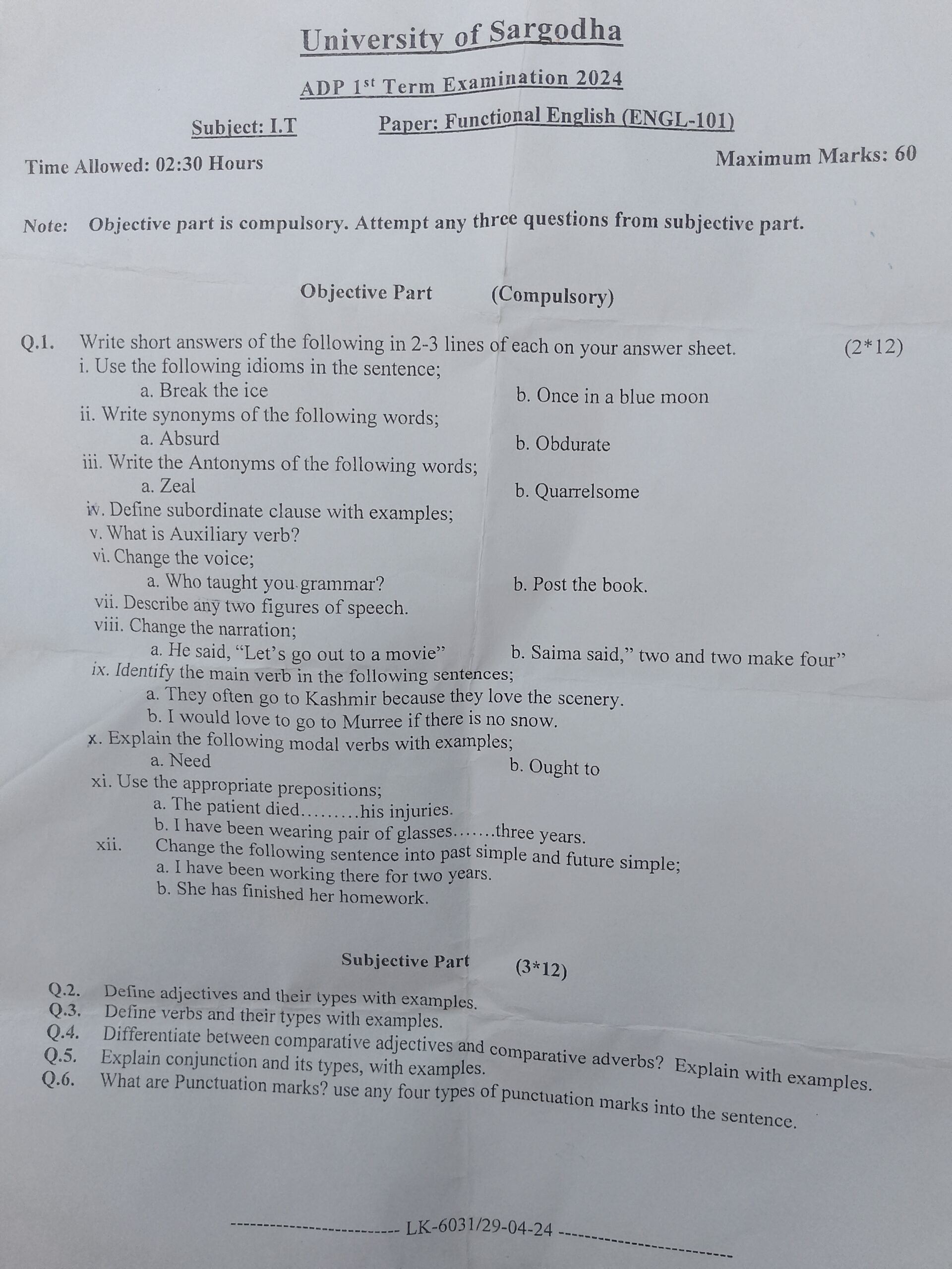 University of Sargodha ADP 1st Term Examination 2024 Paper: Functional English (ENGL-101) Subject: I.T