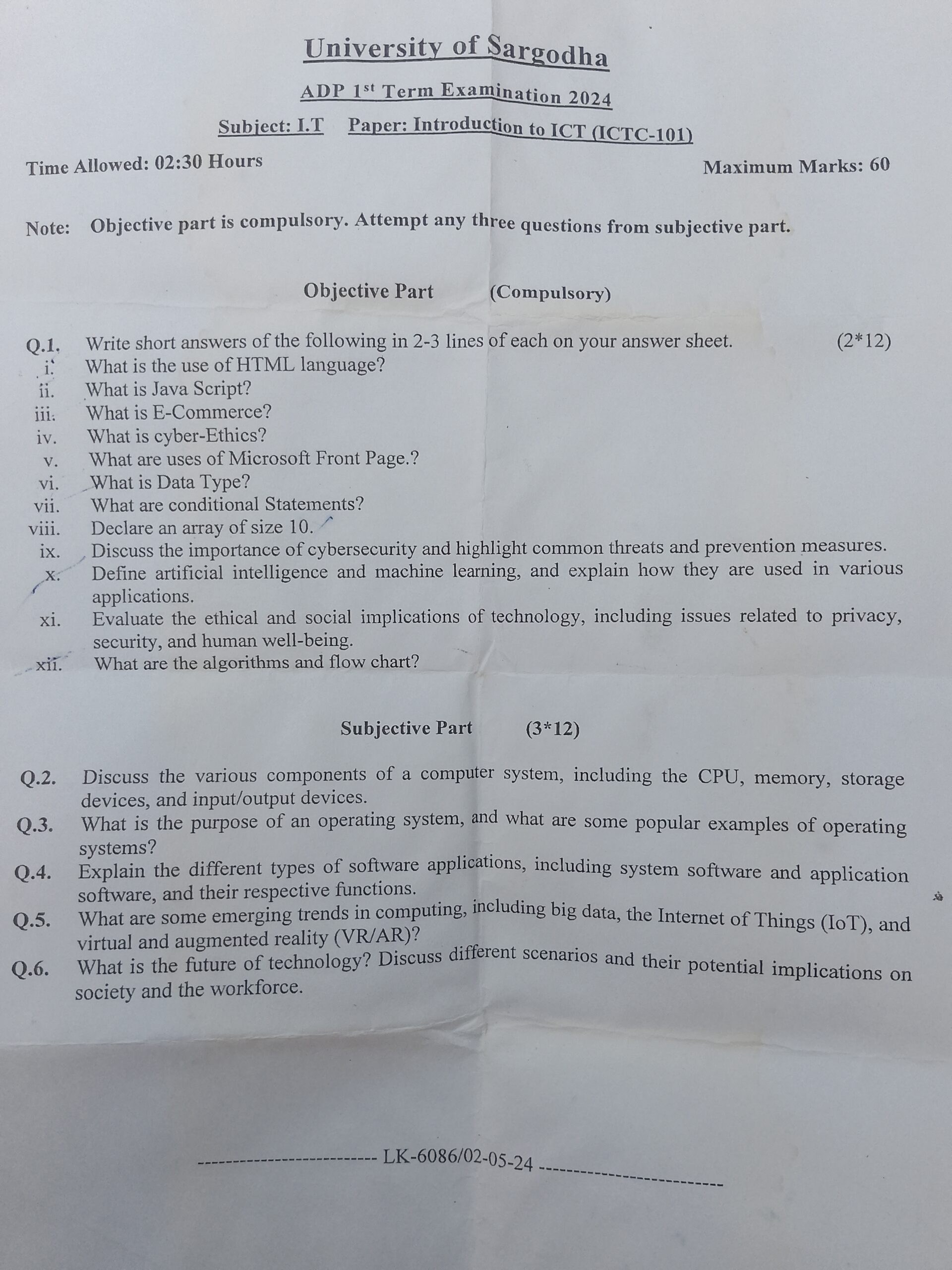 University of Sargodha ADP 1st Term Examination 2024 Subiect: I.T Paper: Introduction to ICT (ICTC-101) Time Allowed: 02:30 Hours