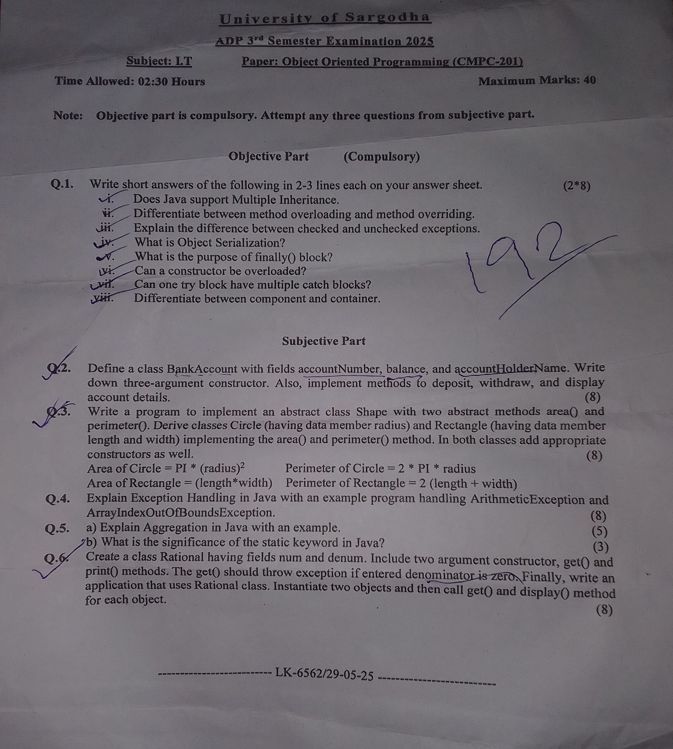 University of Sargodha ADP 31ª Semester Examination 2025 Subject: IT Paper: Obiect Oriented Programming (CMPC-201)