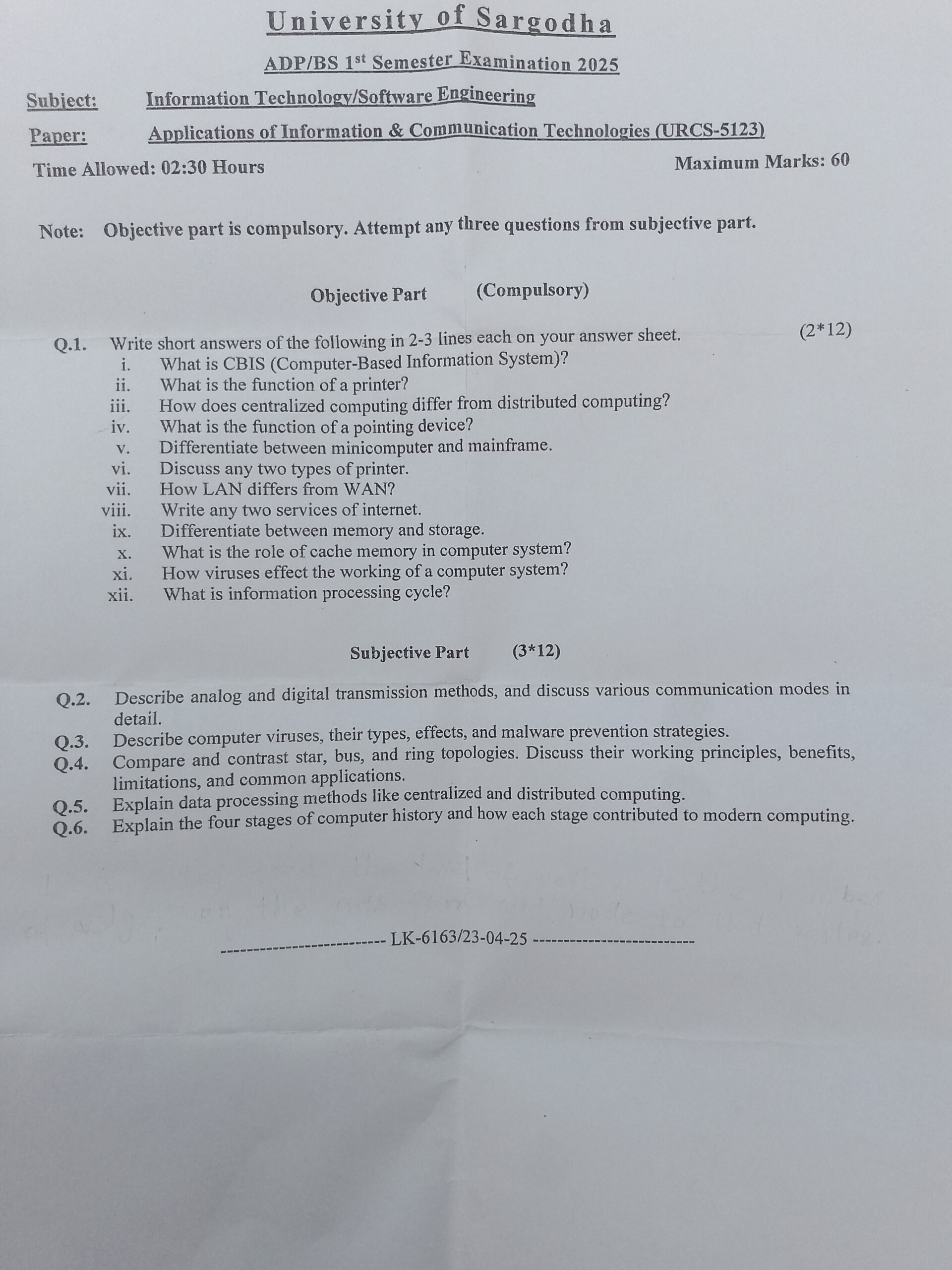 University of Sargodha ADP/BS 15* Semester Examination 2025 Subject: Information Technology/Software Engineering