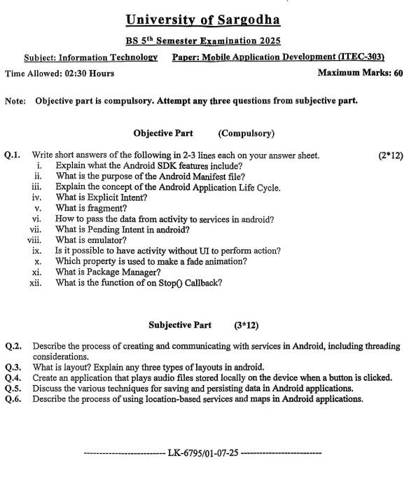 University of Sargodha BS 5%h Semester Examination 2025 Subject: Information Technology Paper: Mobile Application Development (ITEC-303)