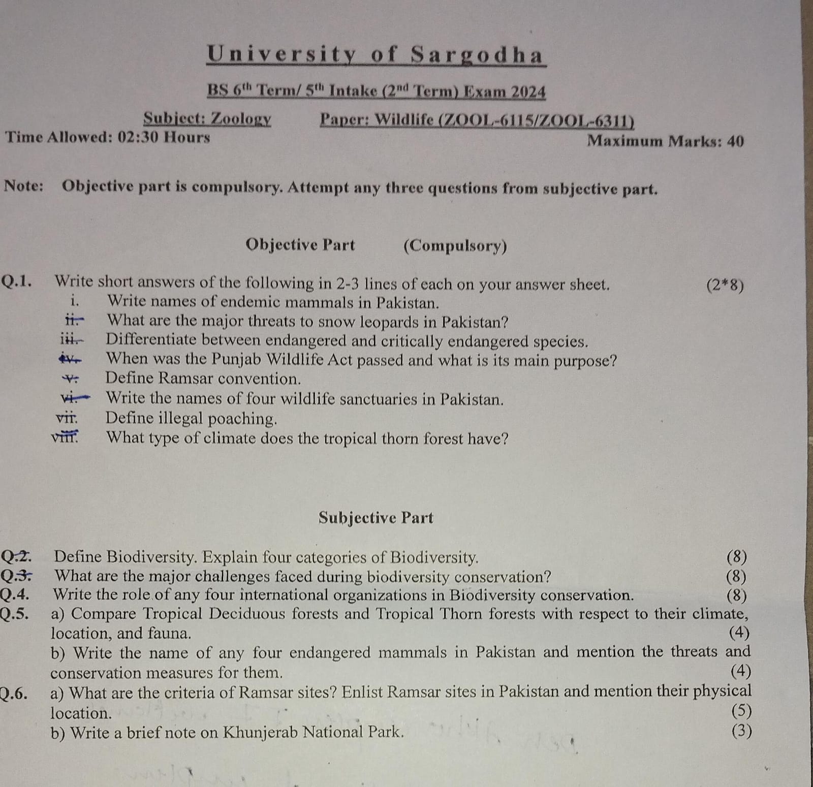 University of Sargodha BS 6" Term/ 5" Intake (2nd Term) Exam 2024 Subject: ZooloRy Paper: Wildlife (ZOOL-6115/Z001-6311)