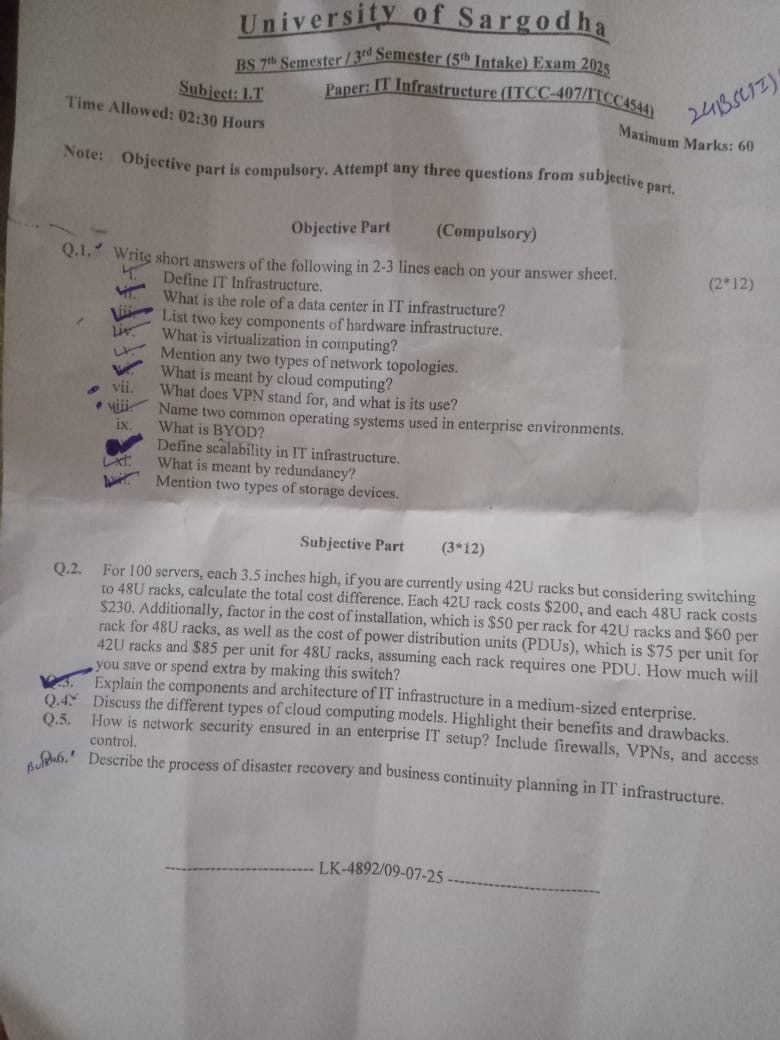 University of Sargodha BS 7 Semester / 3W Semester (5* Intake) Exam 2025 Paper: IT Infrastructure (ITCC-407/1TCC4544) Subject: 1.I
