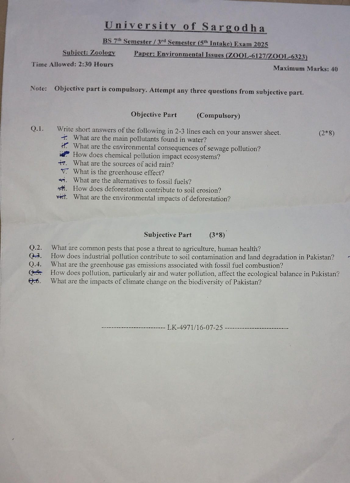 University of Sargodha BS 7ih Semester / 3rd Semester (5t Intake) Exam 2025 Subieet: Zoology Paper: Environmental Issues (ZOOL-6127/Z0OL-6323)
