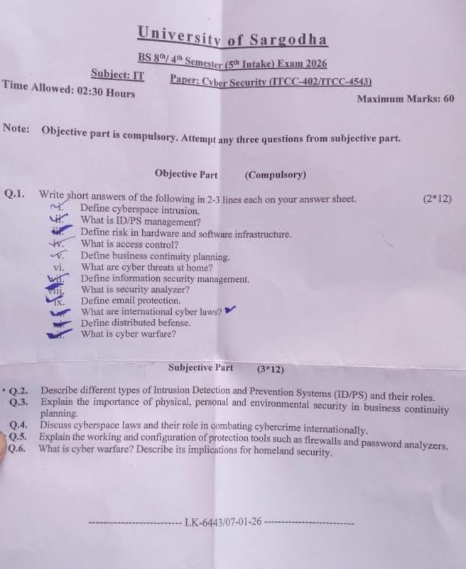 University of Sargodha BS 81/4' Semester (5" Intake) Exam 2026 Subject: IT Paper: Cyber Security (TTCC-402/TTCC-4543)