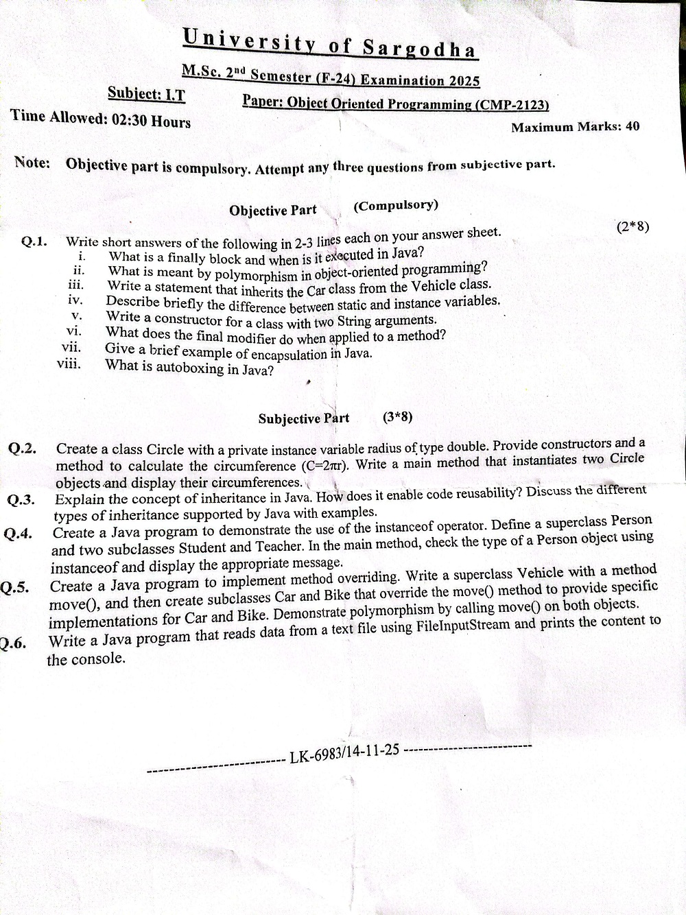University of Sargodha M.Sc. 2"d Semester (F-24) Examination 2025 Subject: I.T Paper: Object Oriented Programming (CMP-2123)