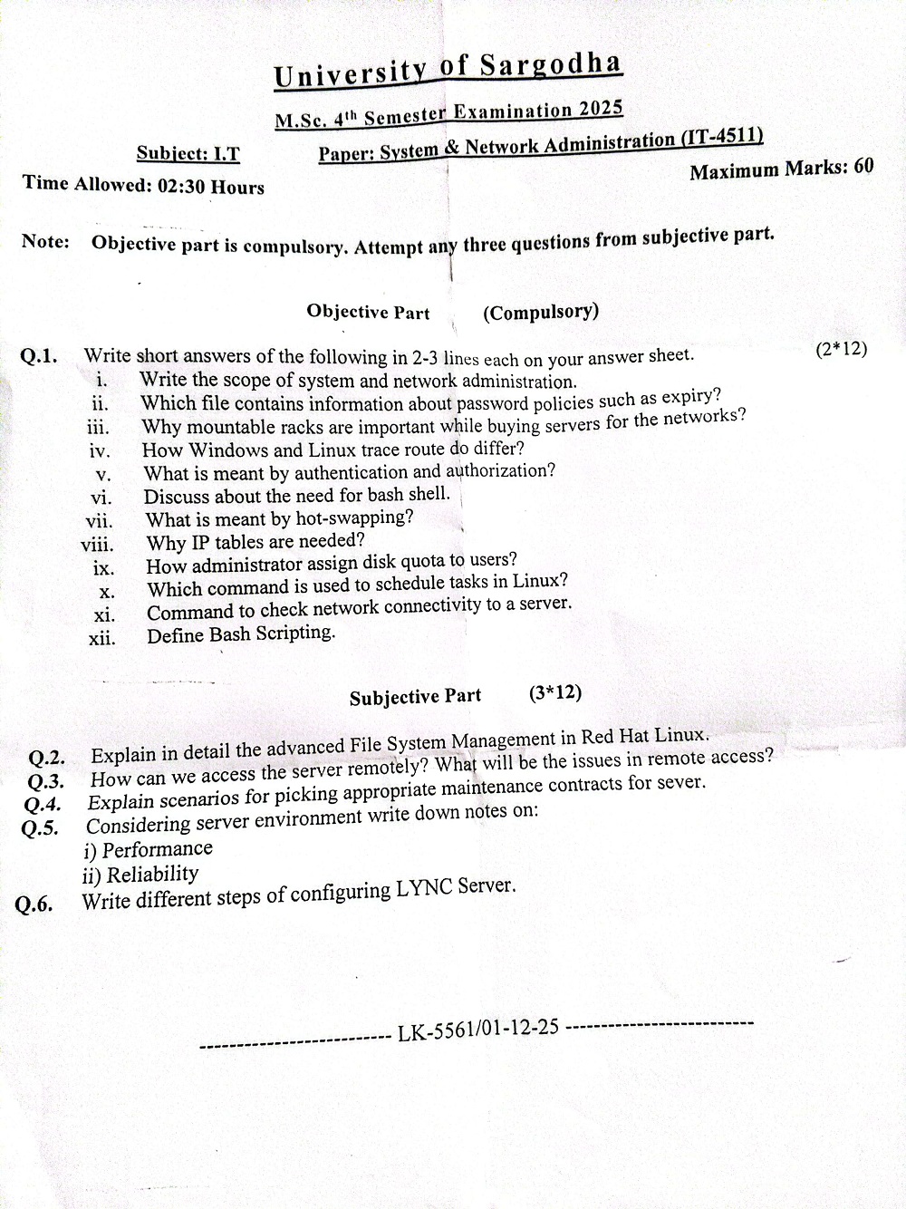 University of Sargodha M.Sc. 4' Semester Examination 2025 Paper: System & Network Administration (IT-4511) Maximum Marks: 60