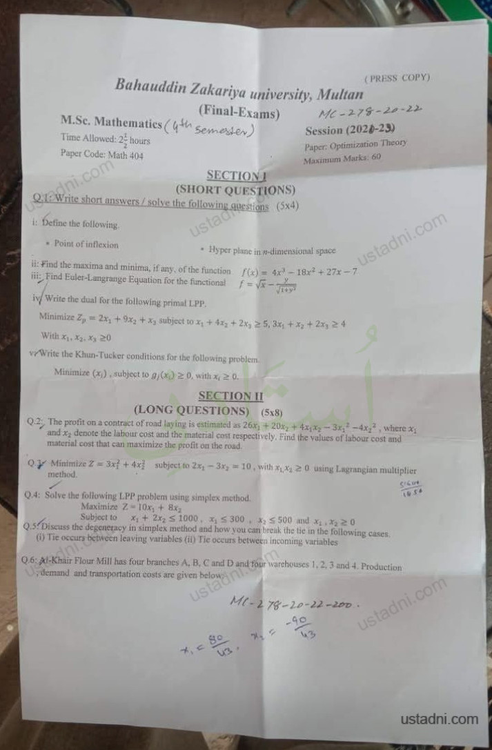 Optimization Theory MS Mathematics/MSc Mathematics 4 Semester/Term BZU — Bahauddin Zakariya University