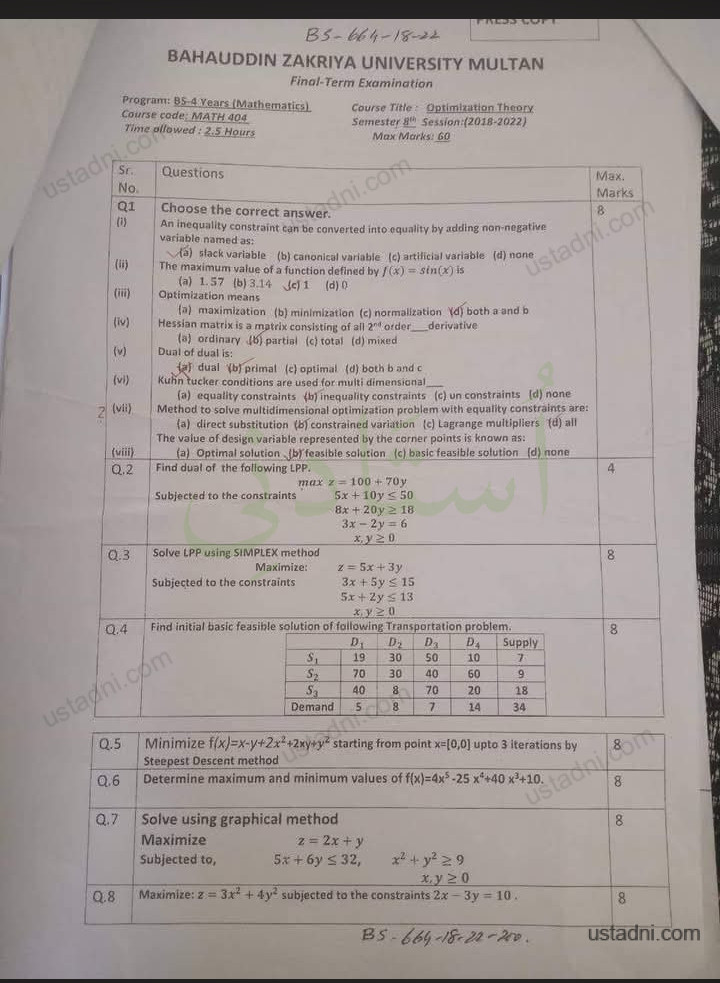 Optimization Theory BS Mathematics 8 Semester/Term BZU — Bahauddin Zakariya University 2022