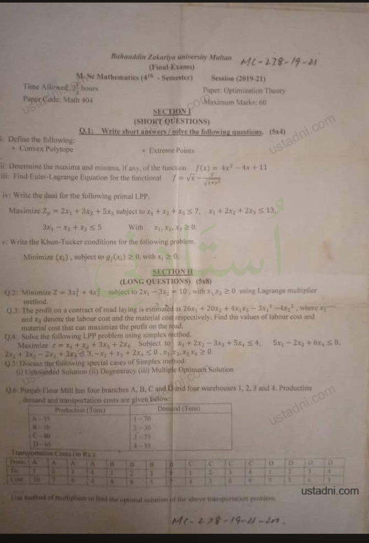 Optimization Theory MSc Mathematics 4 Semester/Term BZU — Bahauddin Zakariya University