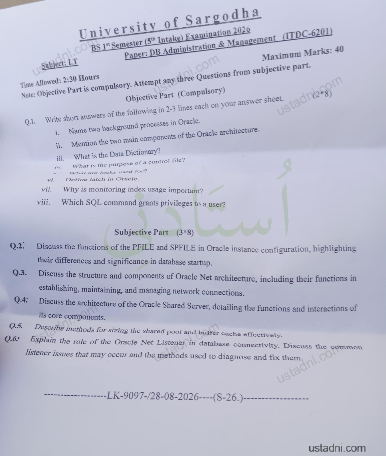 Database Administration and Management/Information Management/Management BS 1/5 Semester/Term UOS — University of Sargodha 2026