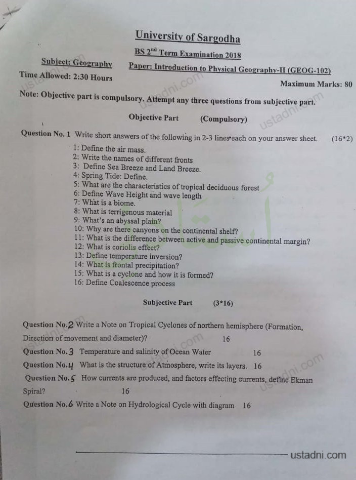 Geography/Physical Geography/Introduction to ICT BS Geography/MPhil Geography/MS Geography 2 Semester/Term University Of Sargodha (UOS) 2018