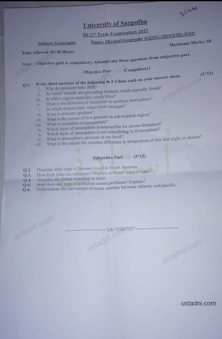Physical Geography BS Geography 2 Semester/Term University Of Sargodha (UOS) 2022