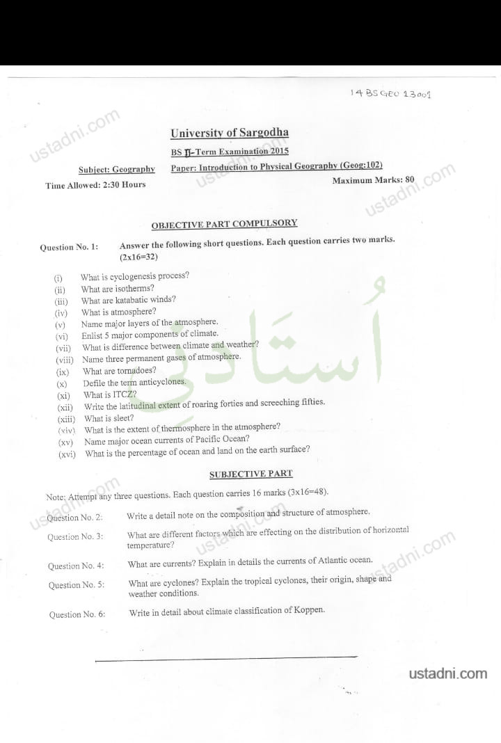 Physical Geography BS Geography/MPhil Geography 2 Semester/Term University Of Sargodha (UOS) 2015
