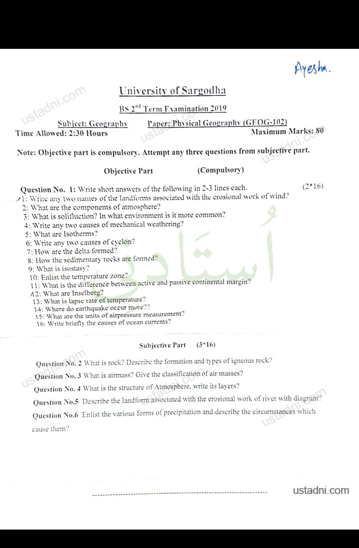 Physical Geography BS Geography/MPhil Geography 2 Semester/Term University Of Sargodha (UOS) 2019