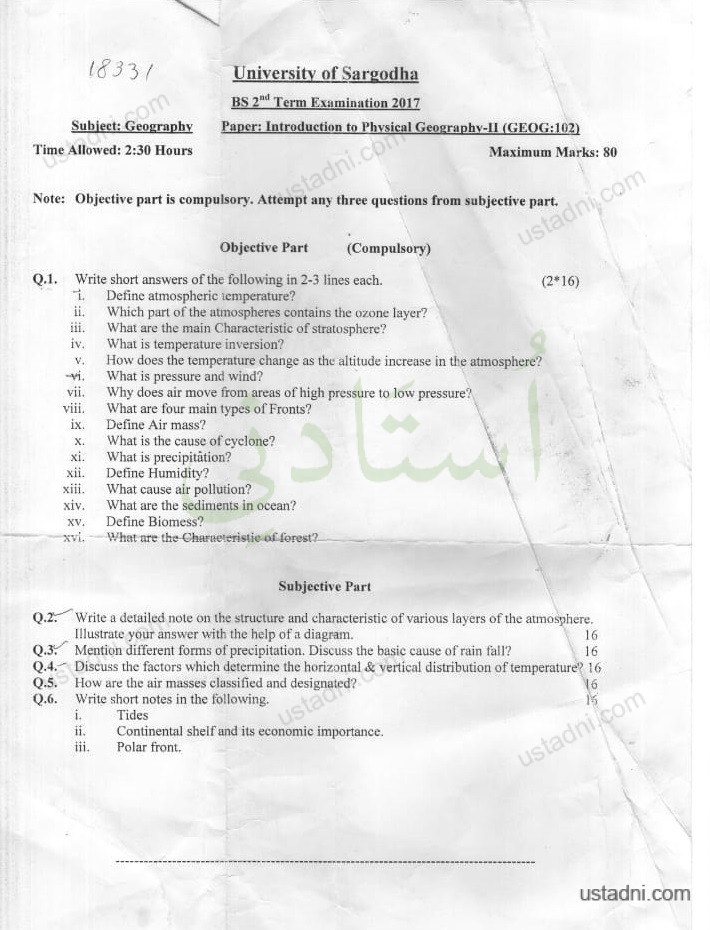 Physical Geography BS Geography/MPhil Geography/MS Geography 2 Semester/Term University Of Sargodha (UOS) 2017