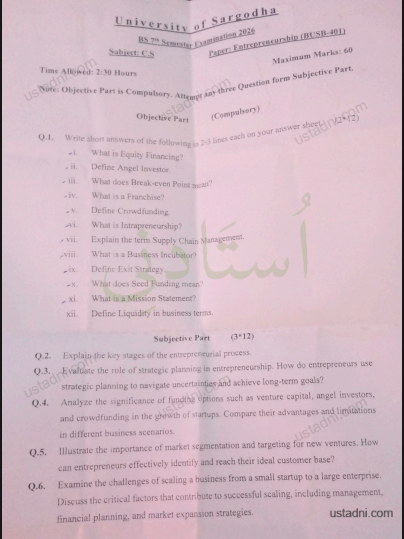Entrepreneurship BSCS/BSSE/CS/IT 3 Semester/Term UOS — University of Sargodha 2026