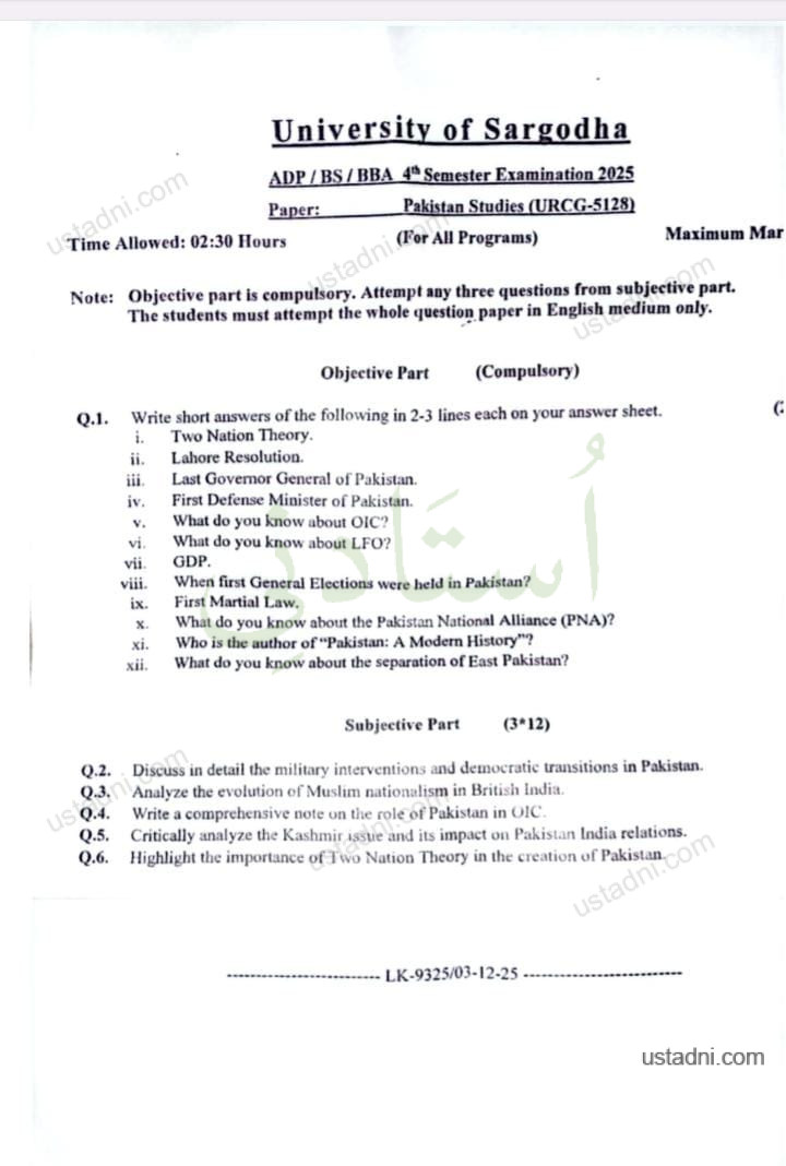 Pakistan Studies ADP/BBA/BS 4 Semester/Term UOS — University of Sargodha 2025