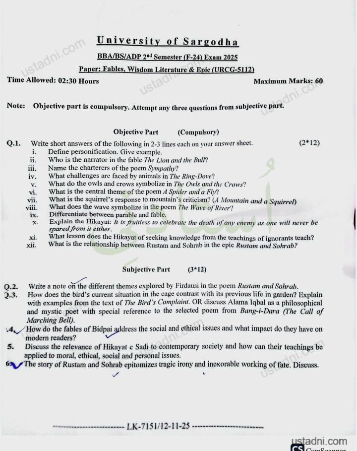 Fables, Wisdom Literature & Epic ADP/BBA/BS 2 Semester/Term UOS — University of Sargodha 2025