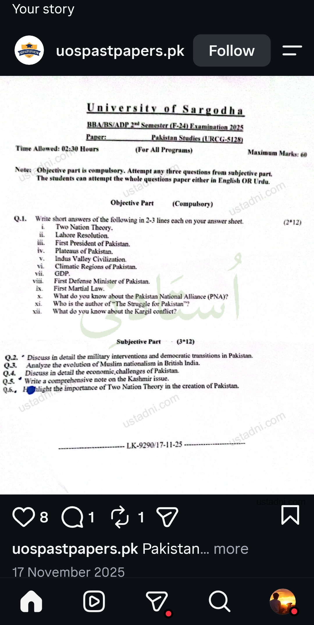 Pakistan Studies ADP/BBA/BS 2 Semester/Term UOS — University of Sargodha 2025